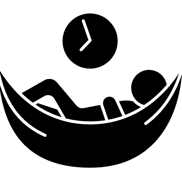 A man is laying in a hammock with a clock above him.