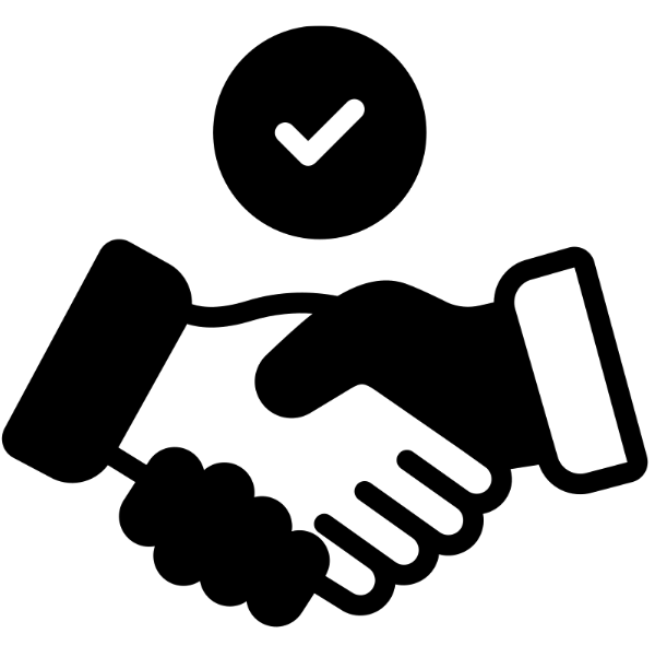 A black and white icon of a handshake with a check mark.