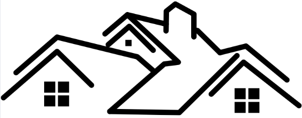 A black and white drawing of two houses with chimneys on their roofs.