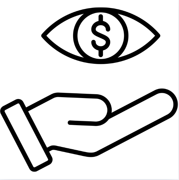 A hand is holding a dollar sign in front of an eye.