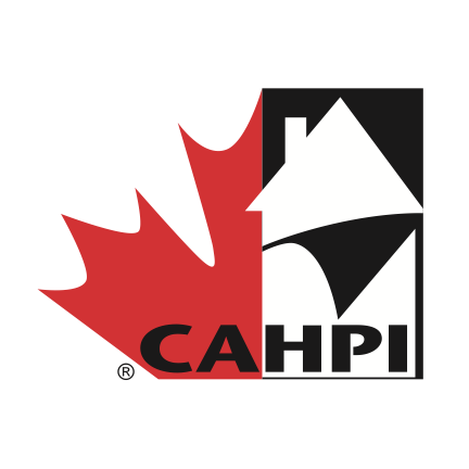 A logo for cahpi with a red maple leaf and a black house