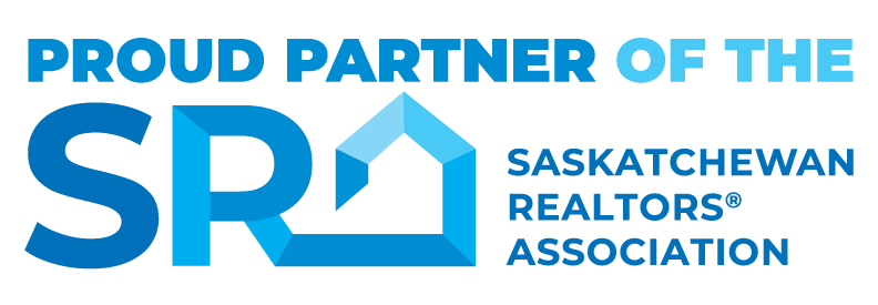 The logo for the saskatchewan realtors association is blue and white.