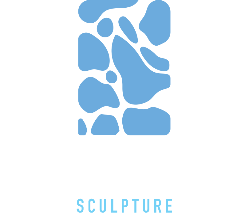 A blue and white logo for a Nick Rugg sculpture