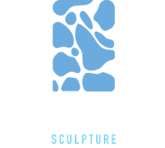 A blue and white logo for a Nick Rugg sculpture