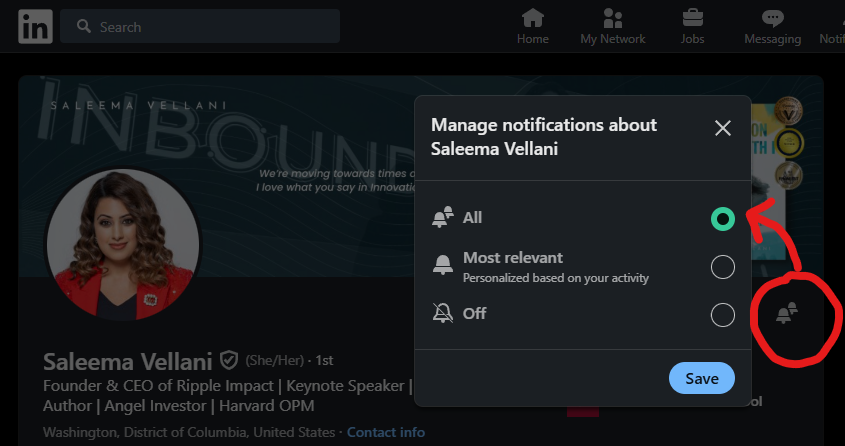 How to enable all notifications for someone on LinkedIn