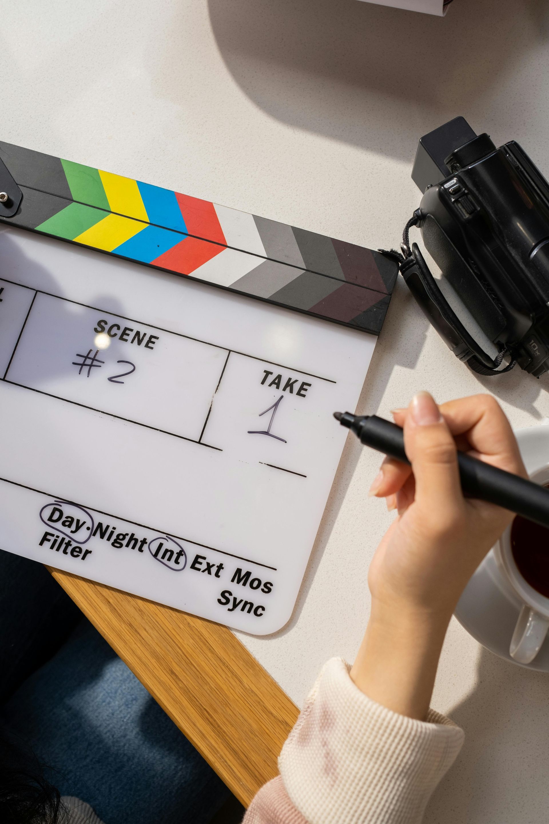 Film clapboard with a hand with a pen over it
