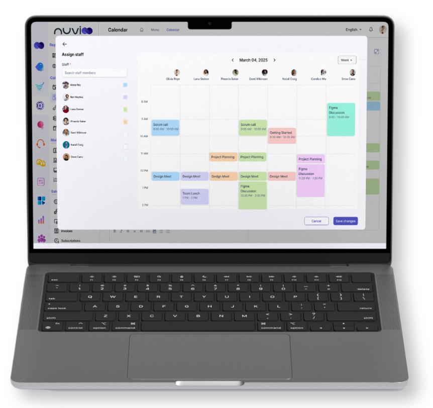 Laptop displaying a calendar interface with scheduled appointments, organized by time slots.