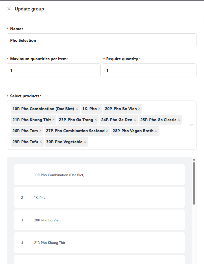 Screenshot of a form to update a product group with options for pho selection.