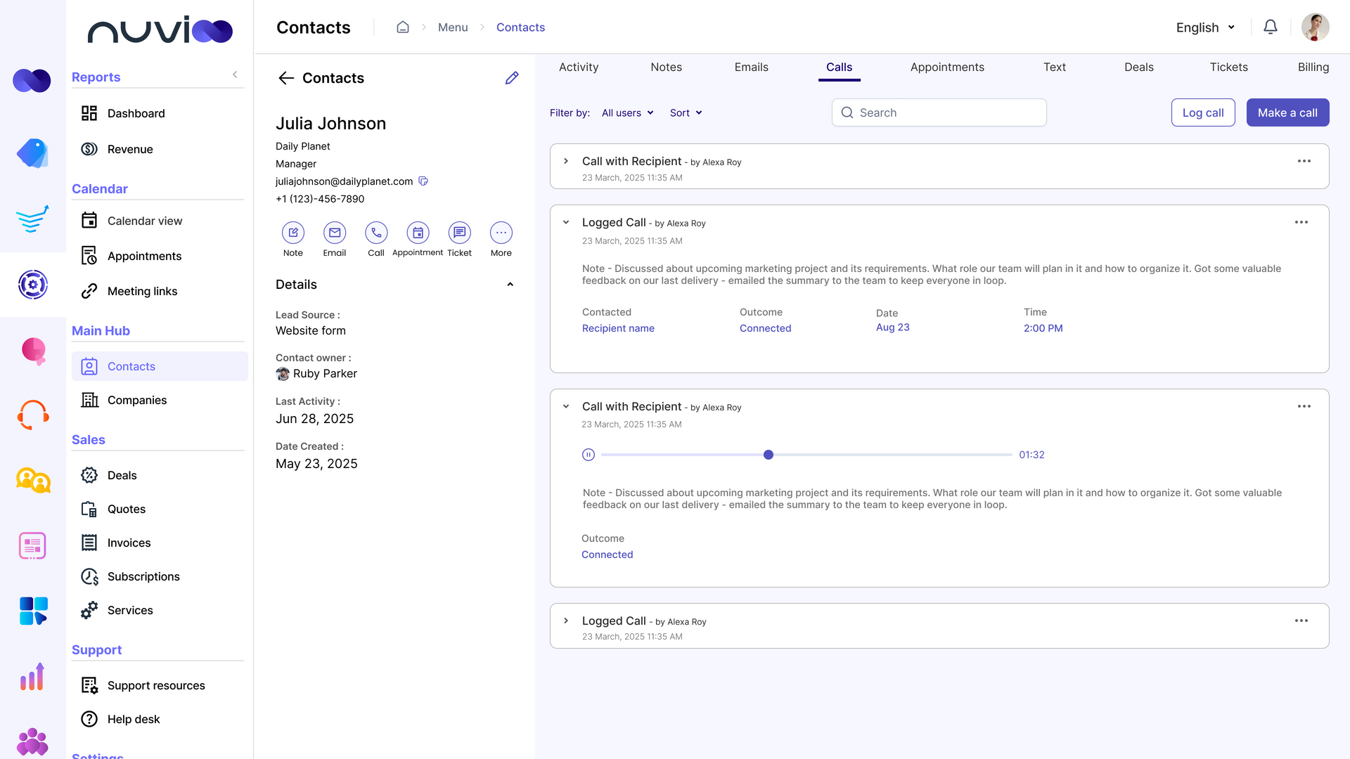 Screenshot of a Nuvi contact management interface; lists, contact details, and interactions.