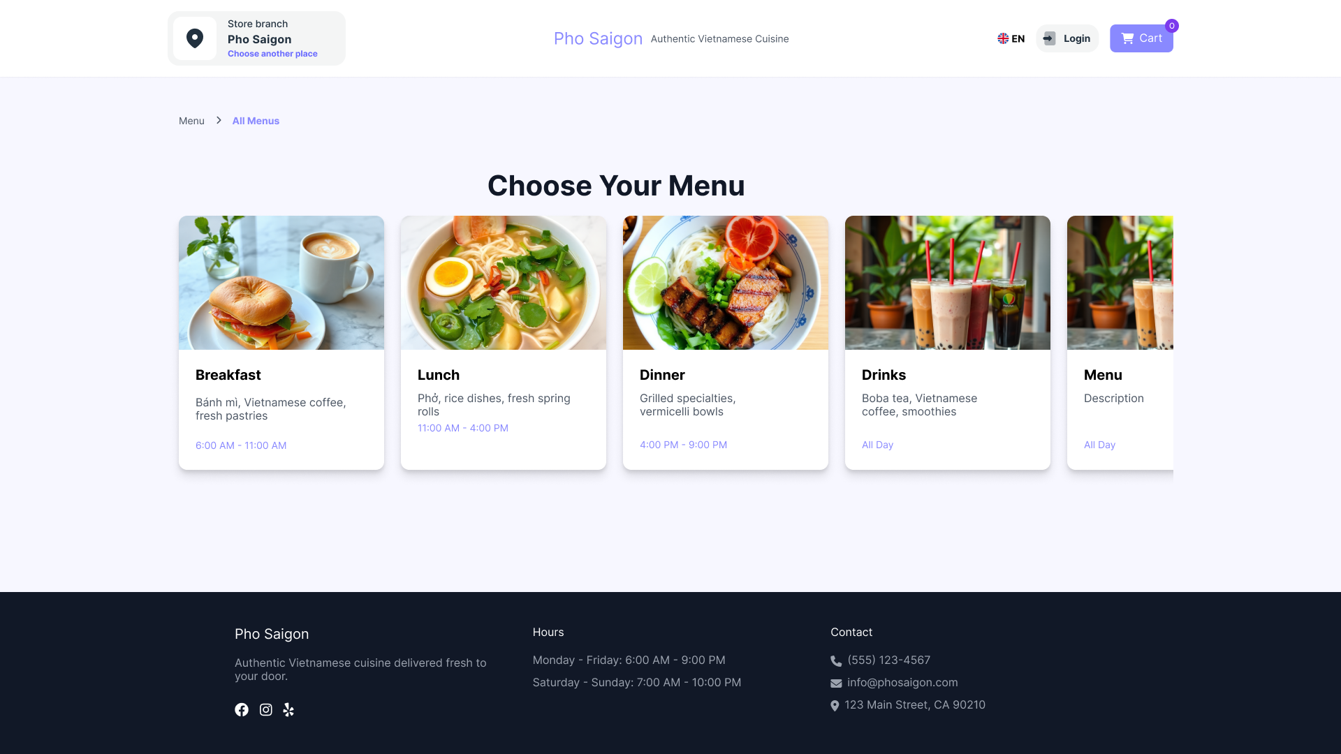 Restaurant website menu page with breakfast, lunch, dinner, drinks, and snacks options.