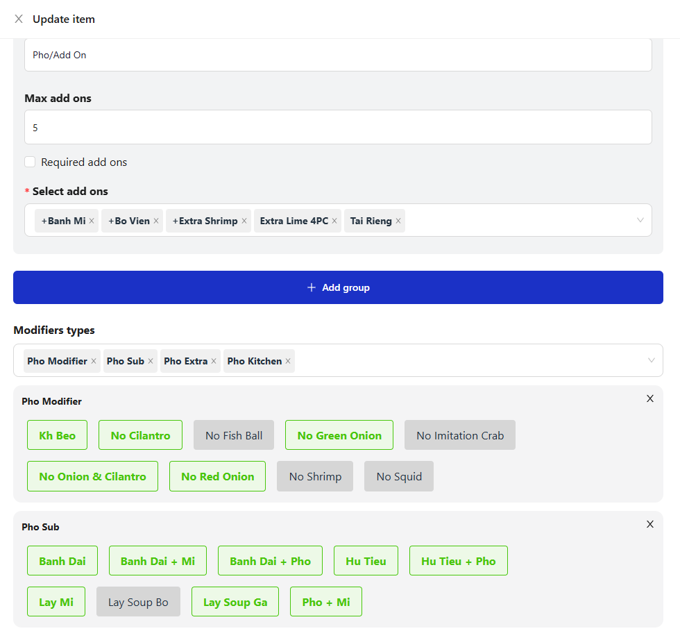 Interface for updating item with add-ons. Includes selection of items, max add-on setting, and modifier types.