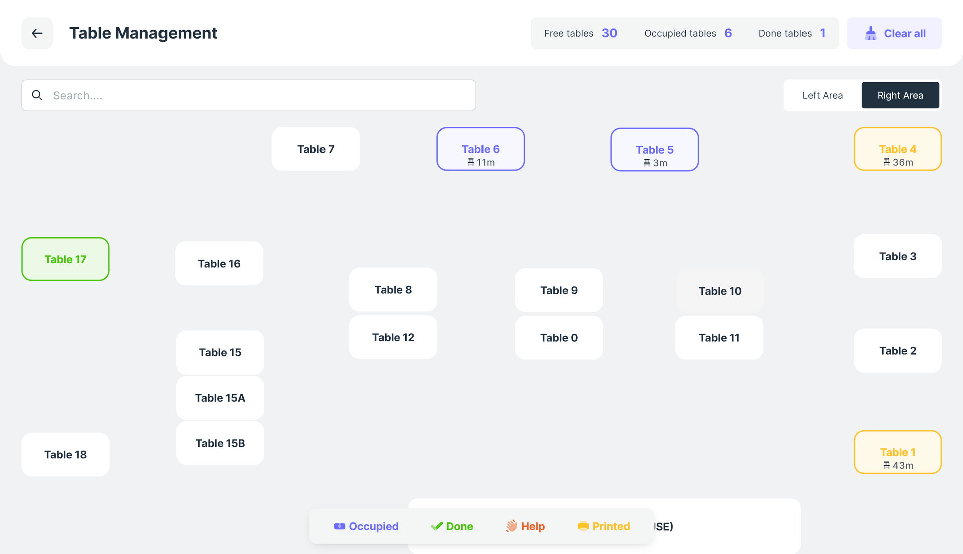 Table management interface; shows table layout with table status indicators and search function.