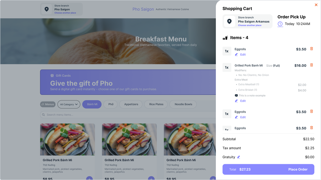 Website displaying a breakfast menu with a shopping cart sidebar. Items include bagels, sandwiches, and order details.