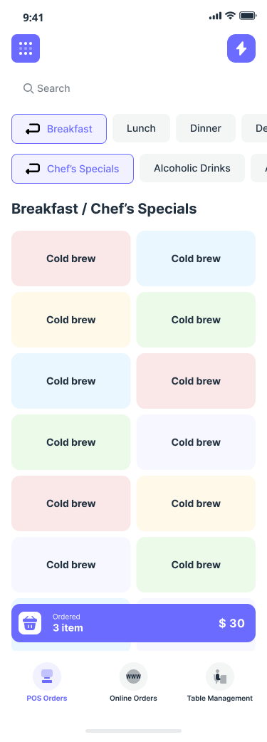Mobile app screen showing a list of items, with color-coded boxes. Below are icons for actions.