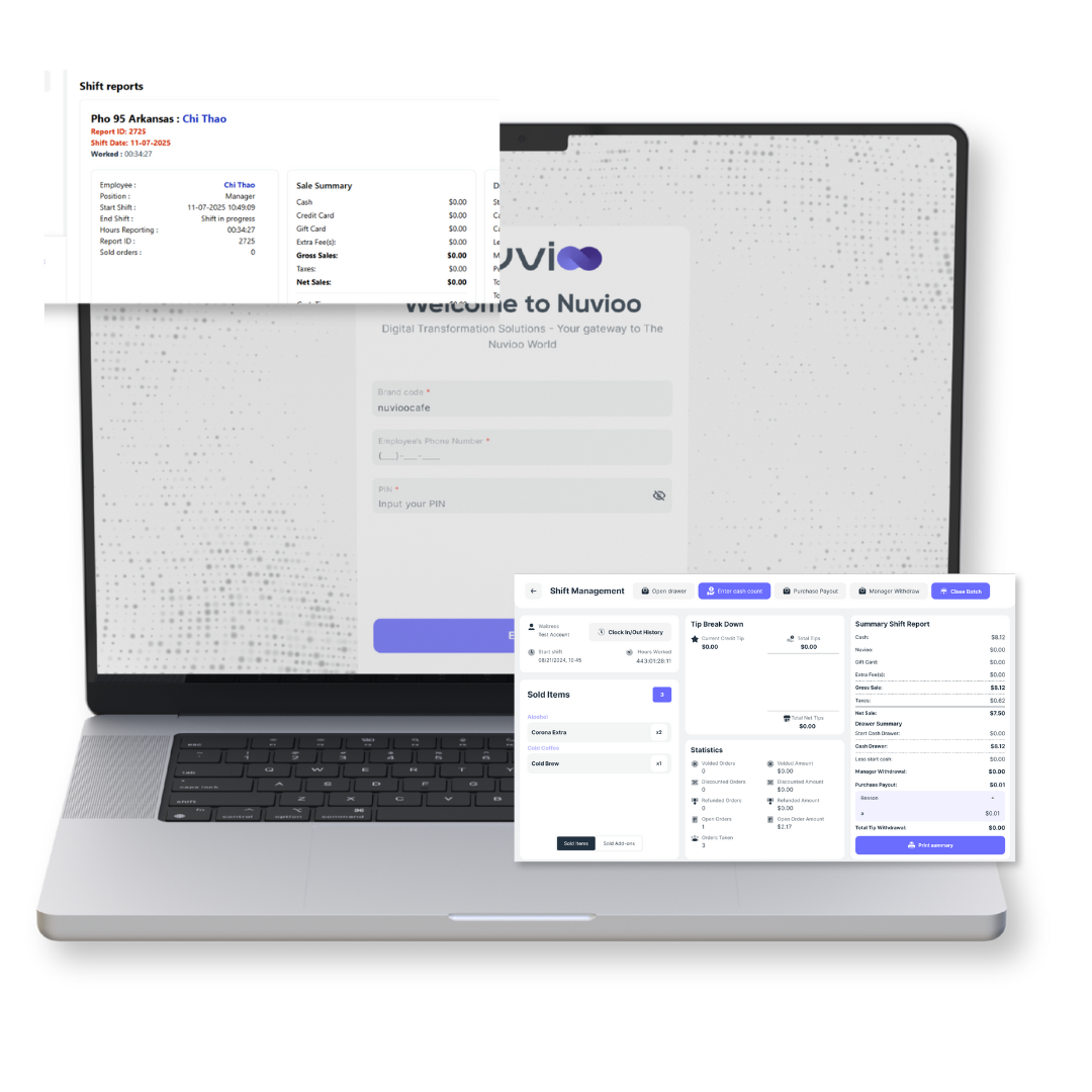 Laptop displaying various software screens with invoices and data tables.
