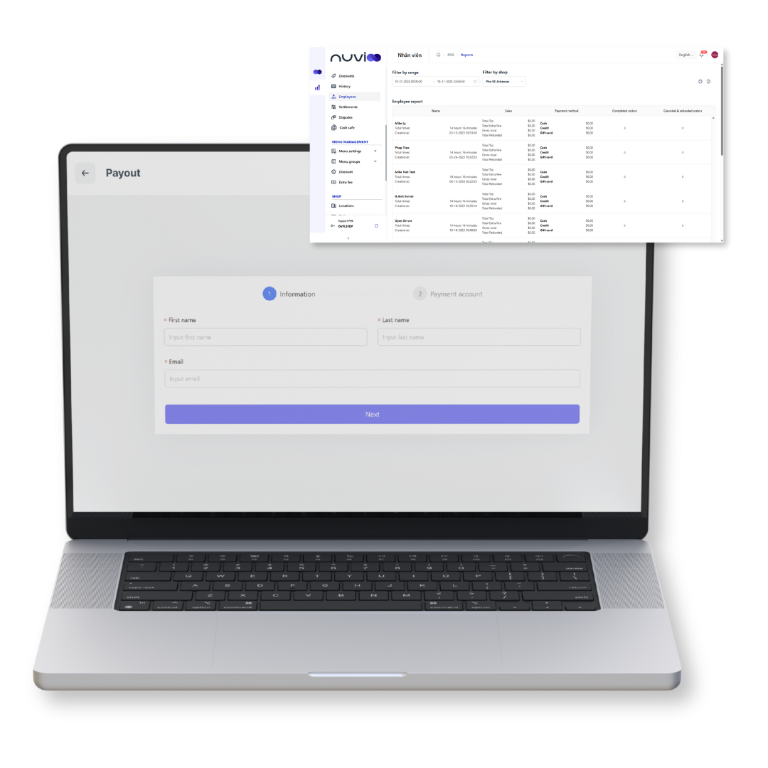 Laptop with a web interface on the screen; a table and login form are shown; white background.