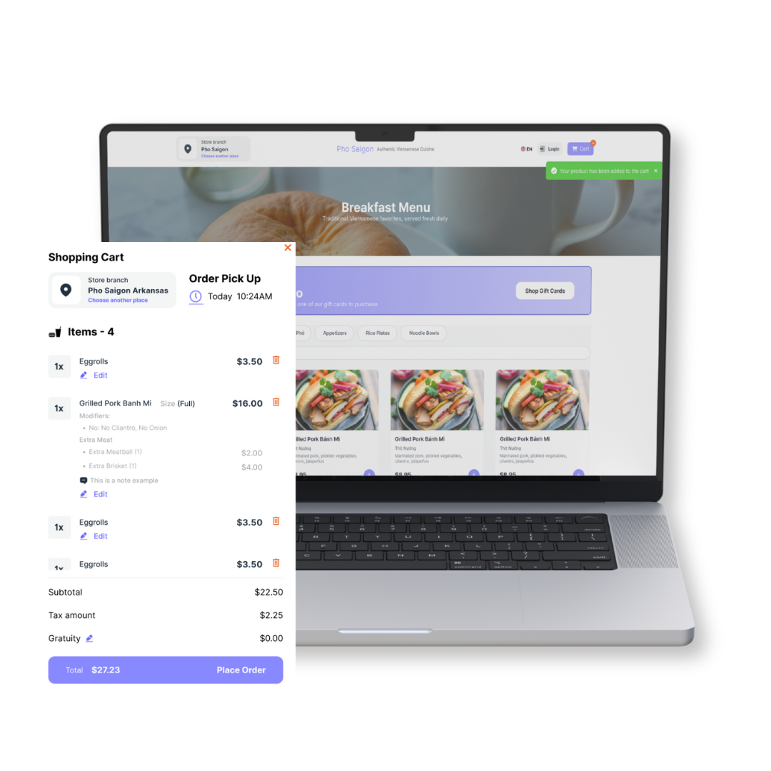 Laptop displaying an online food order next to a smartphone showing the order details.