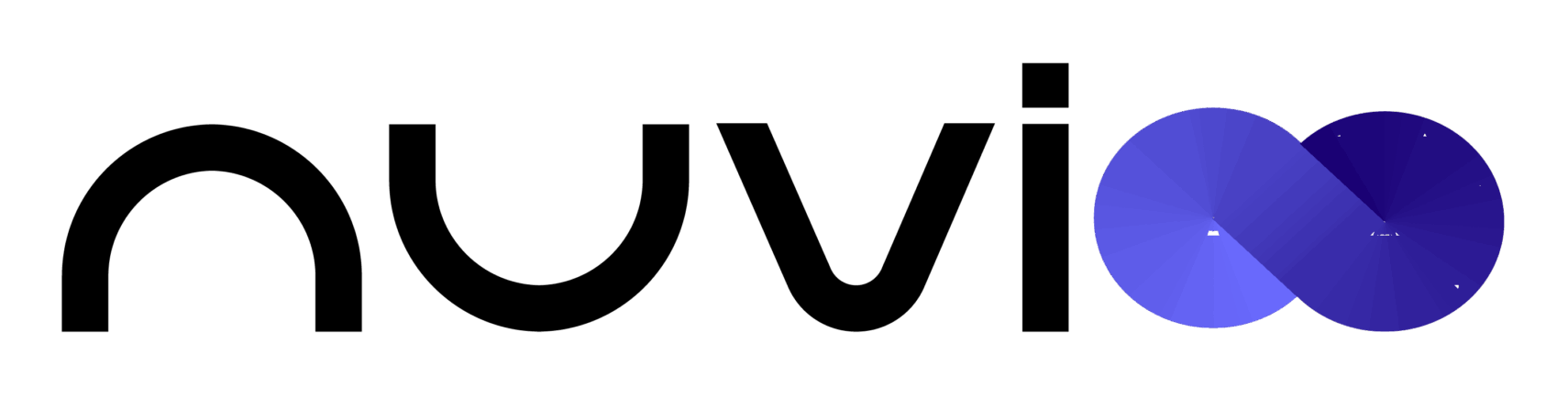 Logo for Nuvio. Black text with a blue infinity symbol.