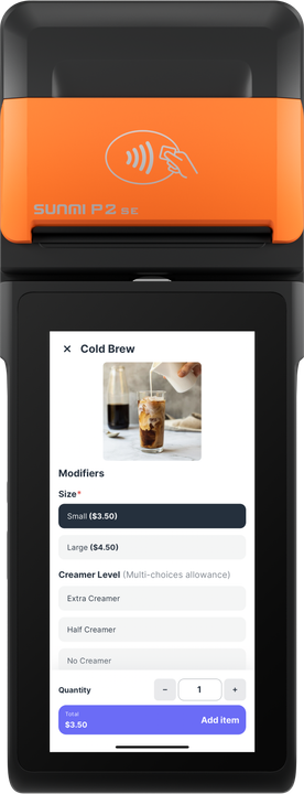 A black and orange POS device displaying a 