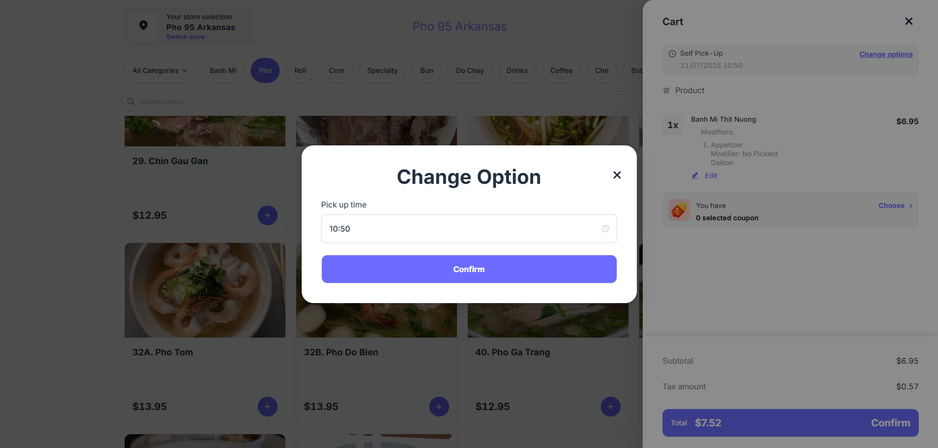 A user changes the option for an order on the food delivery app. A popup appears with the options.
