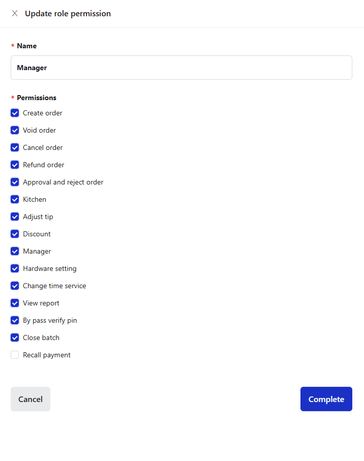 Screenshot of a user interface for updating role permissions. A list of permissions is displayed.