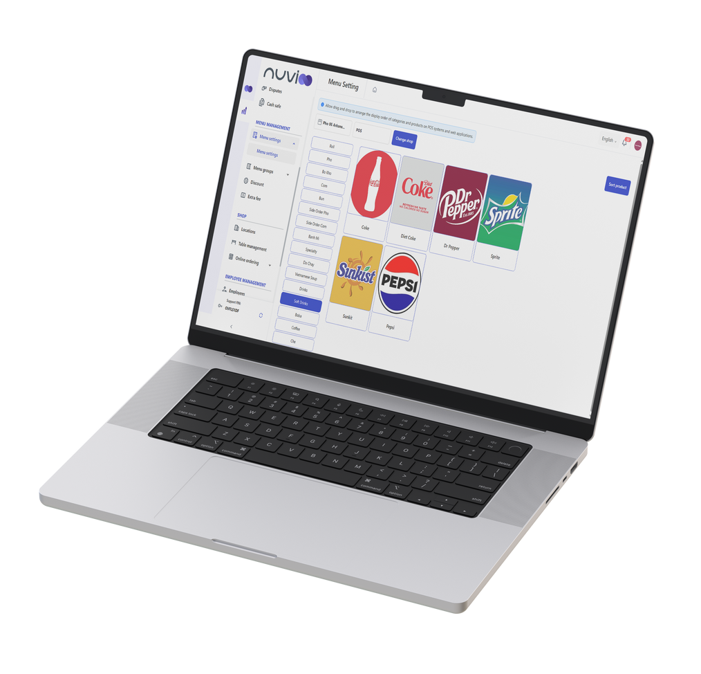 Laptop displaying a beverage selection interface, featuring logos for Coca-Cola, Pepsi, and other brands.