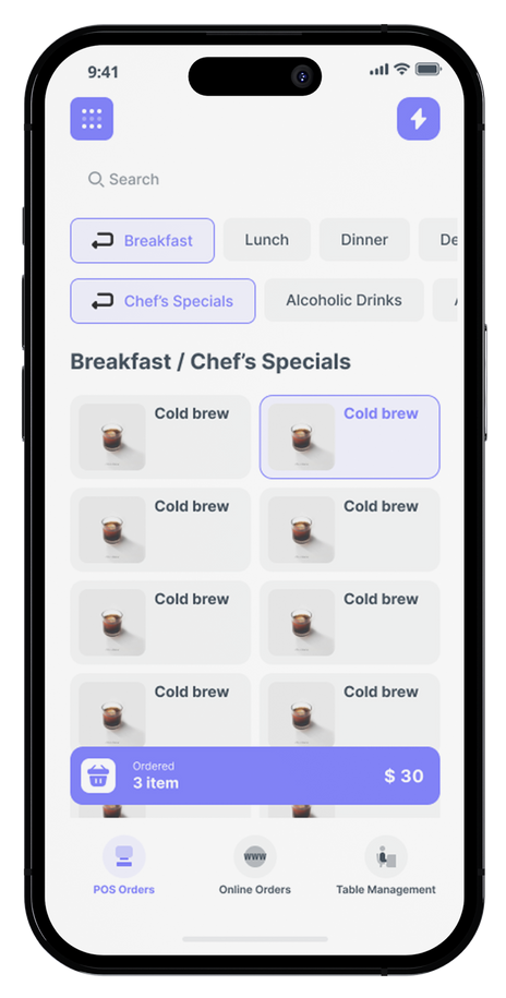Mobile app displaying food menu, specifically