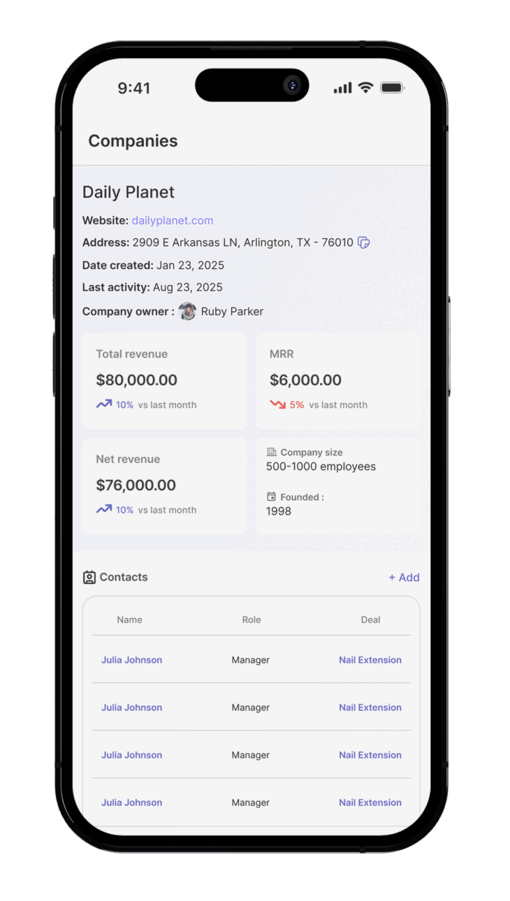 Smartphone screen displaying company details for