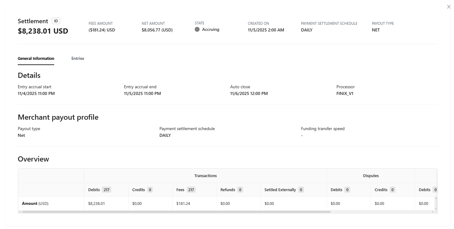 Financial data overview with settlement amount, details, and interim payout profile.