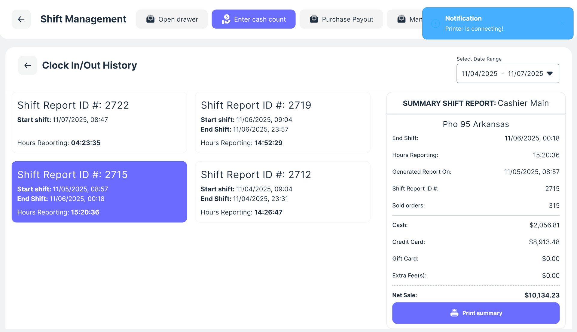 Shift Management page with clock-in history and weekly summary report.