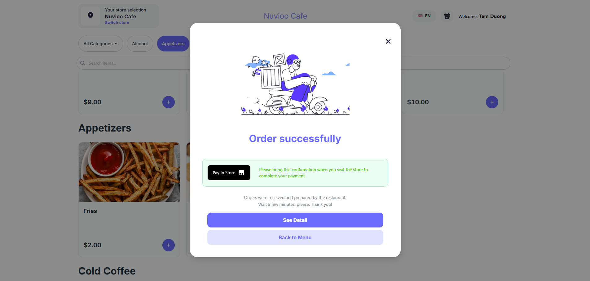 Order confirmation pop-up on a food ordering app, with a success message.