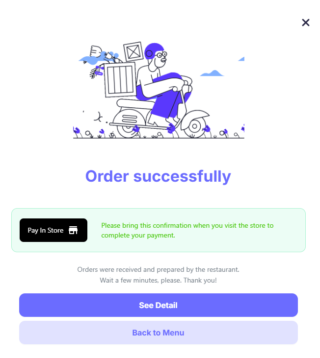 Confirmation screen: A delivery person on a scooter, order success message, payment instructions, and buttons.
