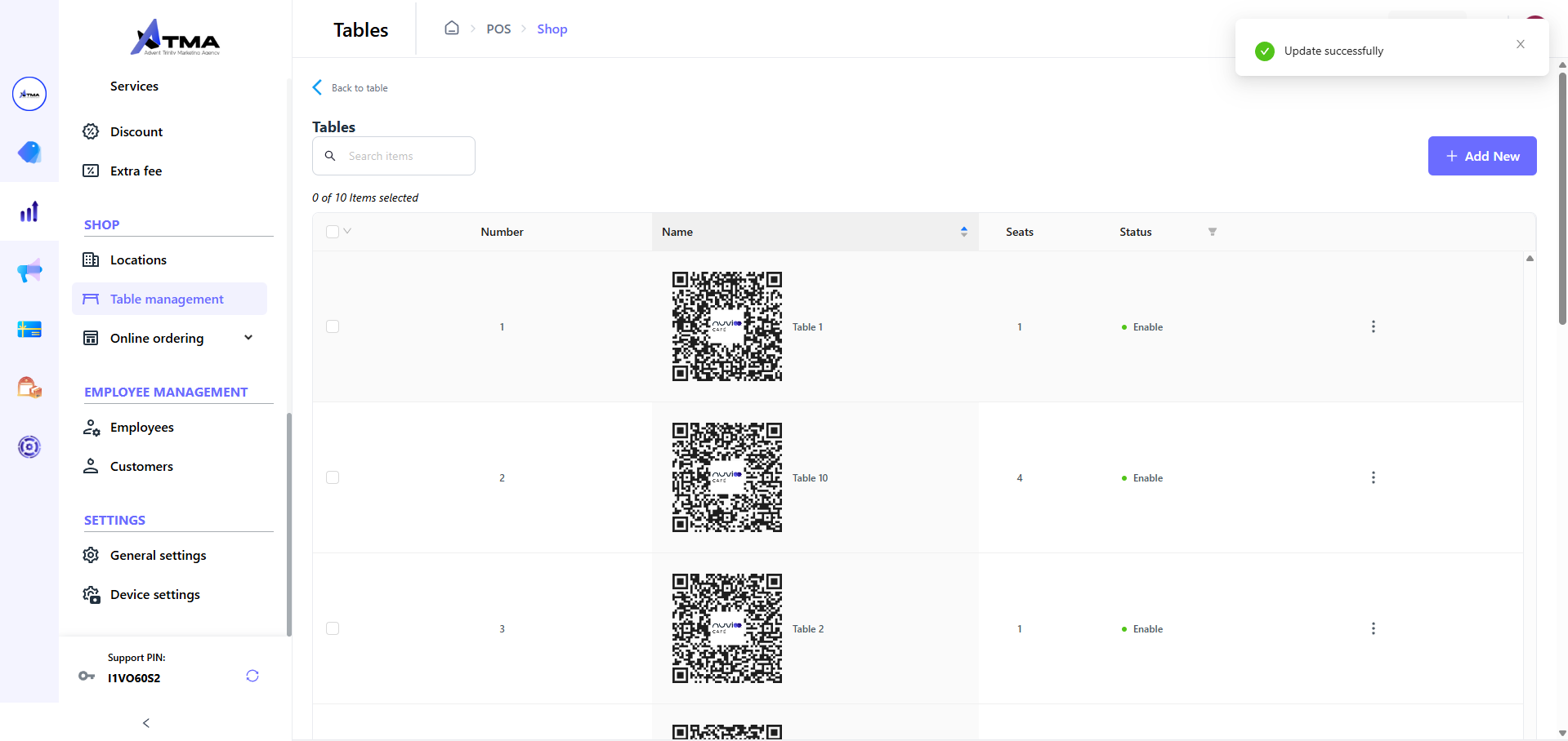 A screen displaying a website with QR codes, a sidebar, and a notification.