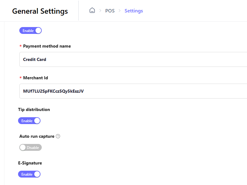 Screenshot of POS settings, including payment method name, merchant ID, tip distribution, and e-signature options.