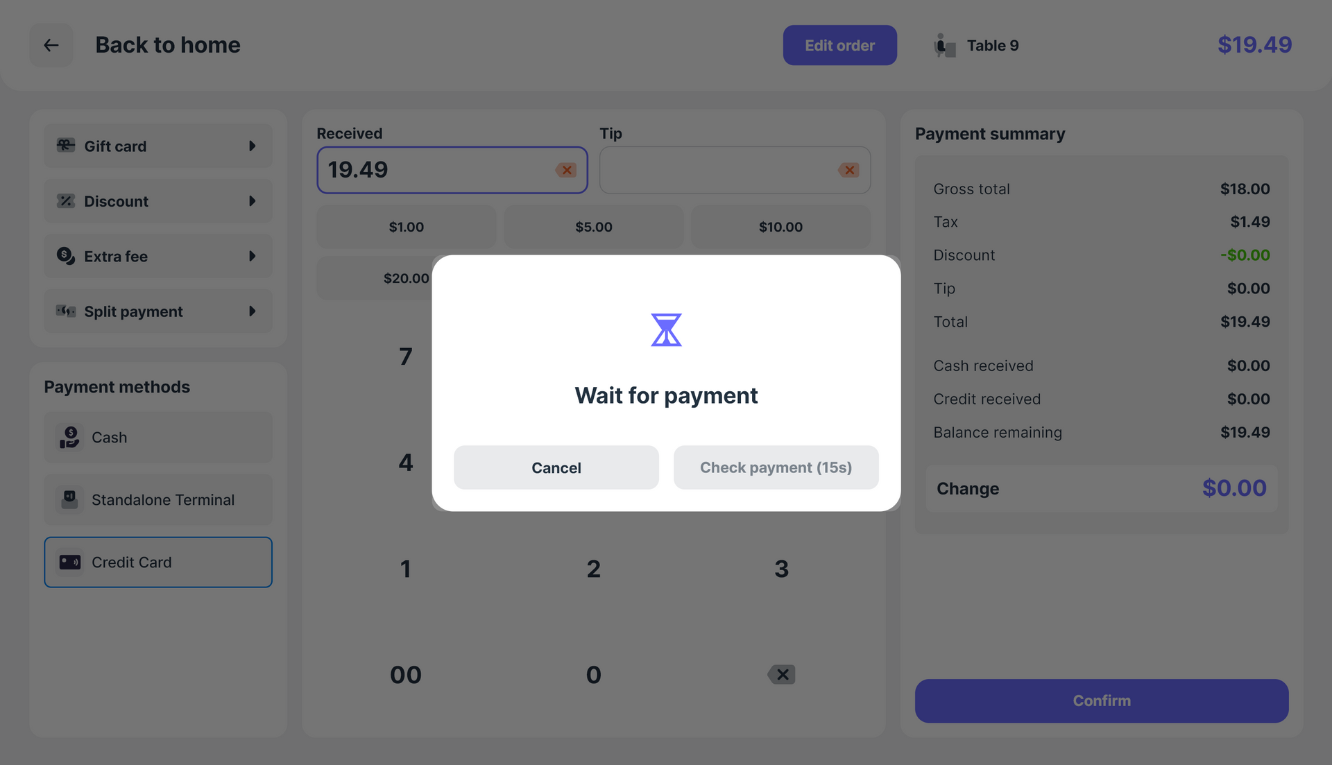 Payment screen with a pop-up saying