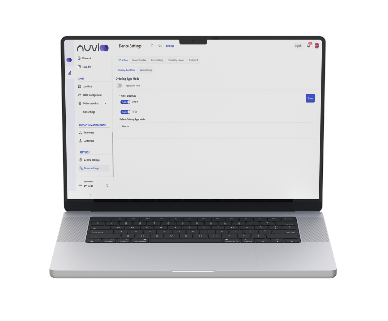 Laptop displaying a software interface; light gray with black keyboard, white background.