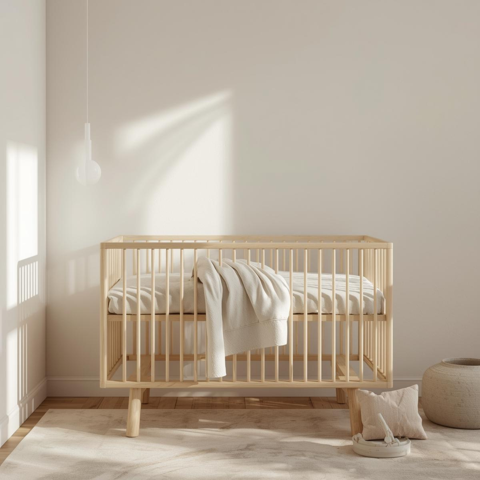 A minimalist light wood crib with a cream blanket sits on a beige rug against a neutral wall with soft sunlight.