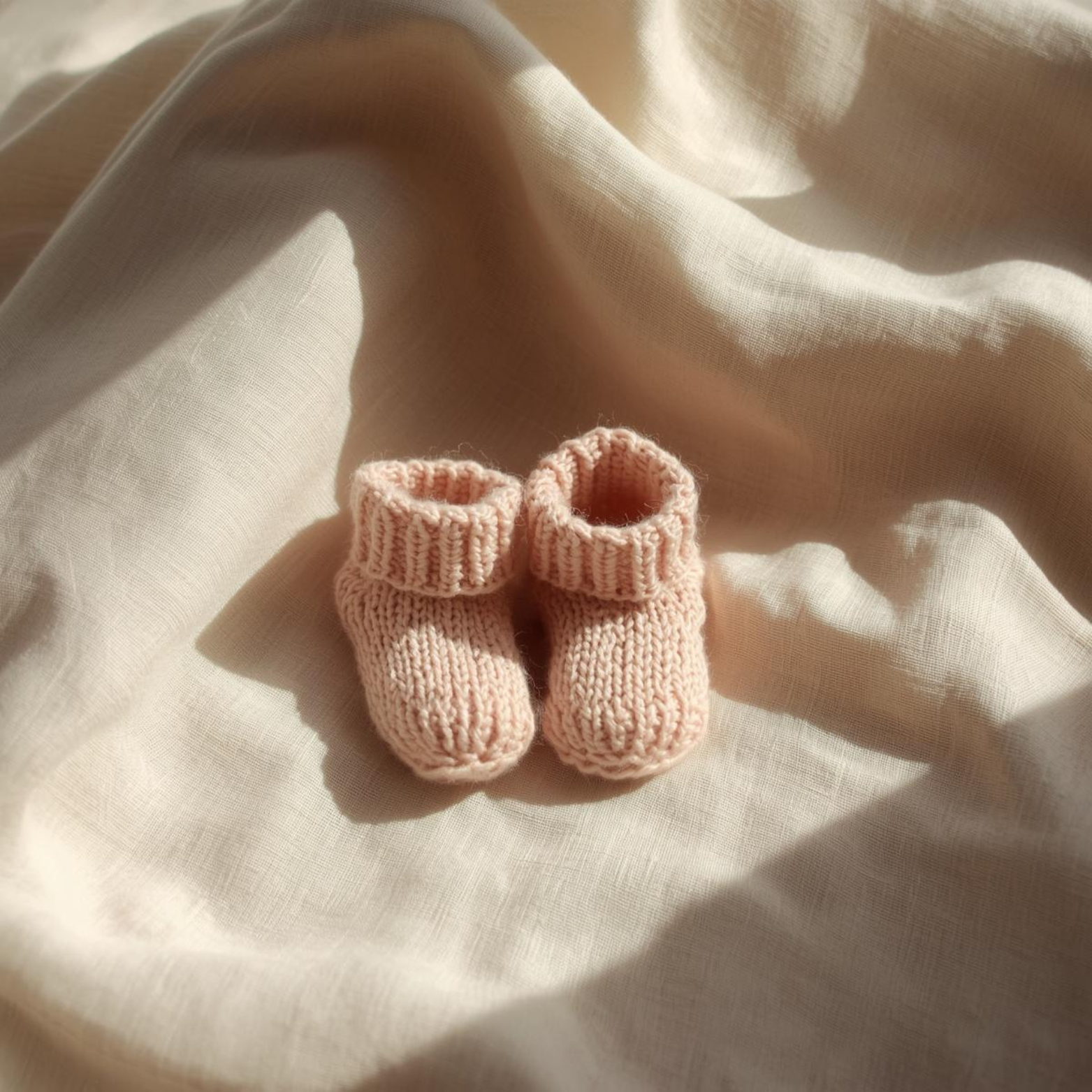 A pair of small, pale pink knit baby booties resting on soft, cream-colored draped fabric.