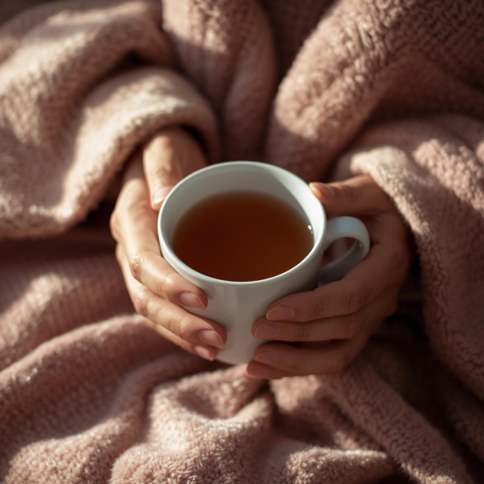 Hands holding a steaming white mug of tea, wrapped in a soft, textured, dusty rose blanket.