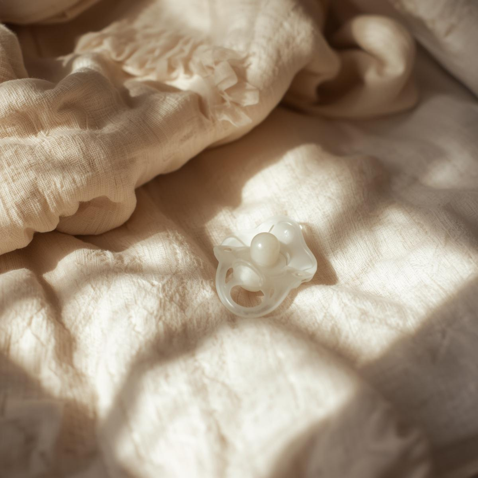 A translucent pacifier rests on soft, cream-colored, textured fabric under warm, dappled sunlight.