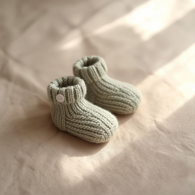 A pair of small, ribbed, sage-green knit baby booties with a single white button on a neutral, crinkled fabric background.