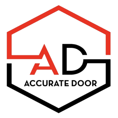 Logo for Accurate Door: Red "A" and black "D" within a red and black hexagon; text reads "ACCURATE DOOR".