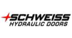 Logo for Schweiss Hydraulic Doors: text in black with a red starburst,