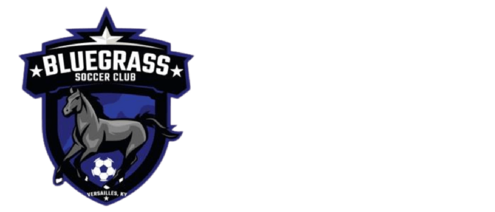 Bluegrass Soccer Club logo: A horse inside a shield with text. Dark blue and gray colors.