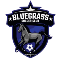 Bluegrass Soccer Club logo: running horse, soccer ball, shield with blue and black accents.
