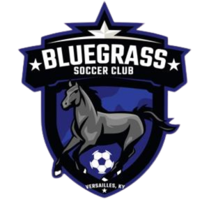 Bluegrass Soccer Club logo: blue and black shield with a horse, soccer ball, and text