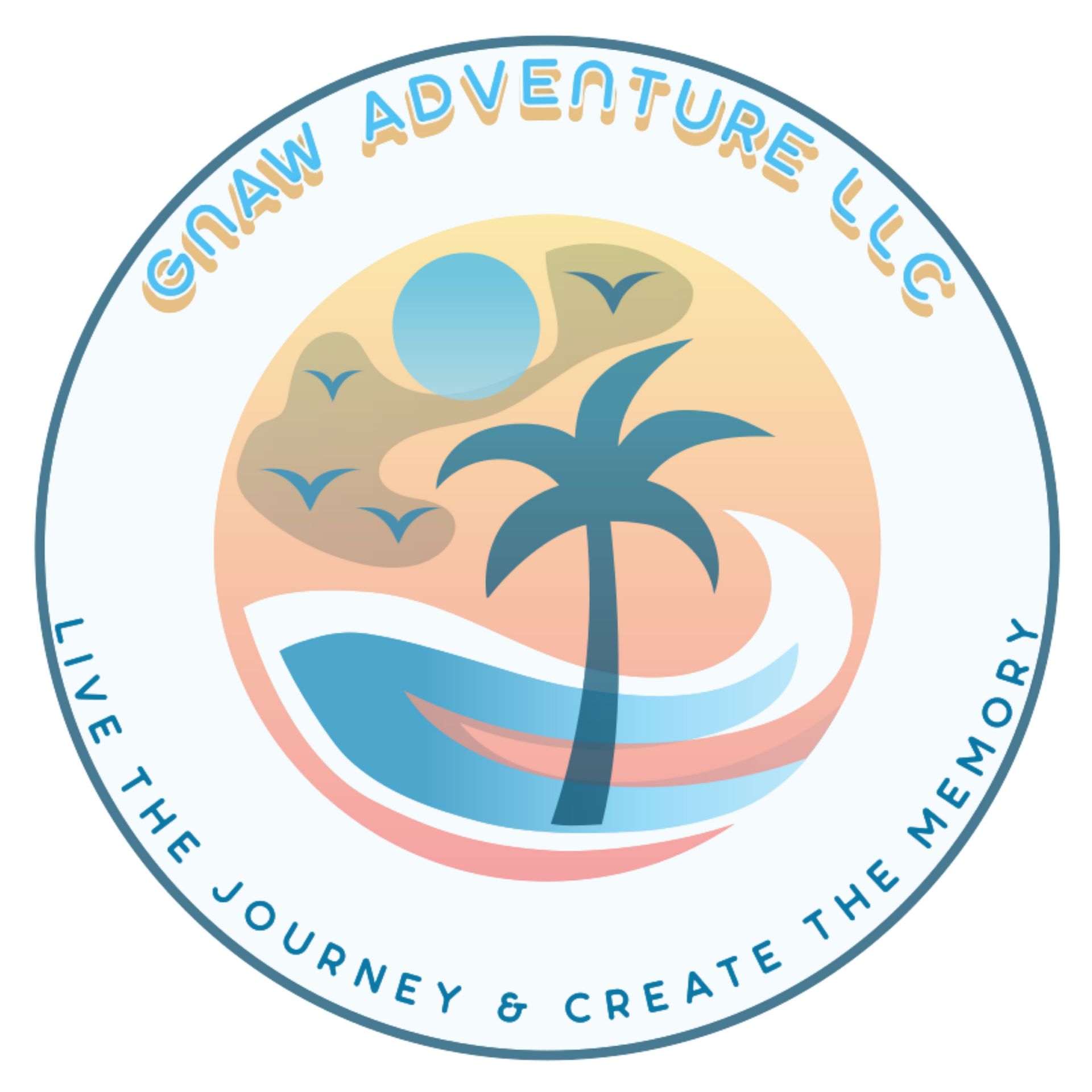 CNAW Adventure LLC logo with palm tree, sunset, waves, and tagline “Live the Journey & Create the Memory”