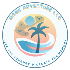 CNAW Adventure LLC logo with palm tree, sunset, waves, and tagline “Live the Journey & Create the Memory”