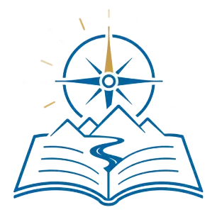 Blue compass above an open book with mountains, symbolizing exploration or learning