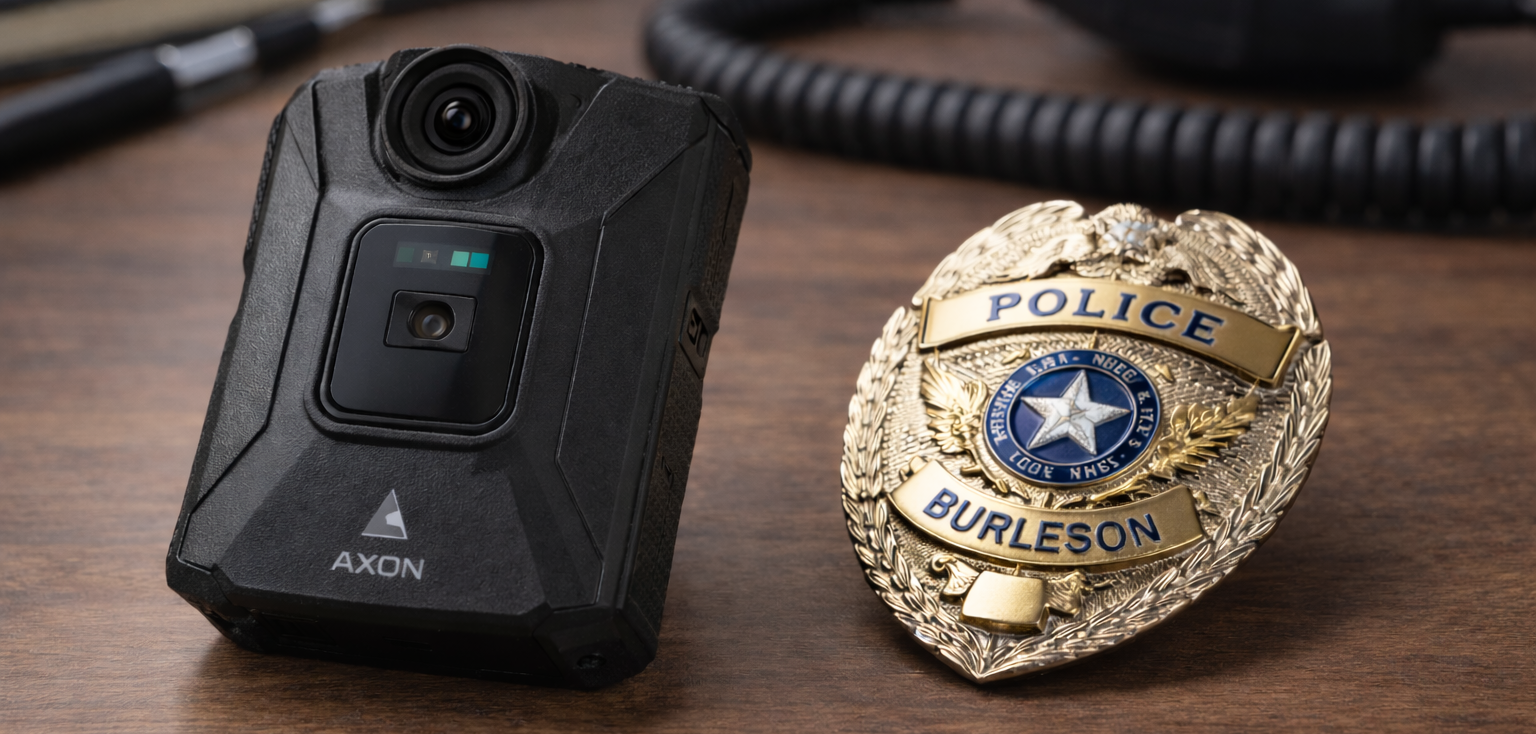 Burleson Police Live Translation Body Camera TechnologyBurleson Police Live Translation Body Camera Technology Burleson Police Department Axon body camera with live translation technology displayed beside official Burleson Texas police badge